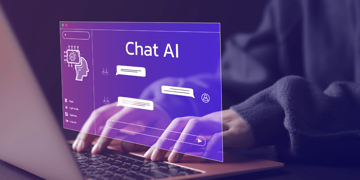 Person typing on a laptop with an AI chat interface overlay, representing common AI problems businesses face when using AI.