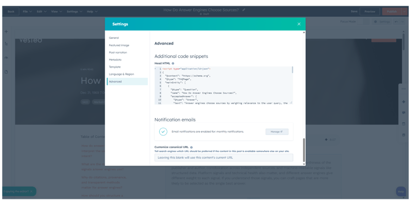 Additional code snippets within HubSpot blog post advanced settings
