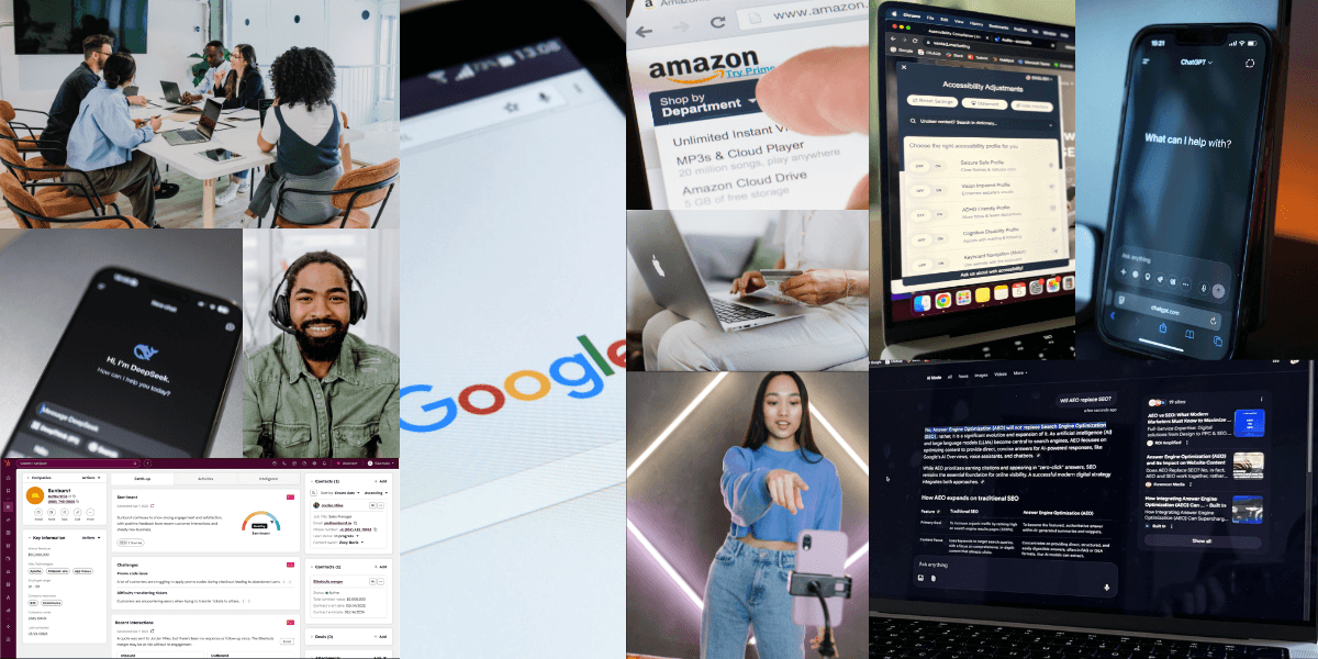 Collage of digital marketing visuals, including a team meeting, Google search, Amazon, HubSpot CRM, AI chat tools, accessibility software, social media content creation, and AI search results.