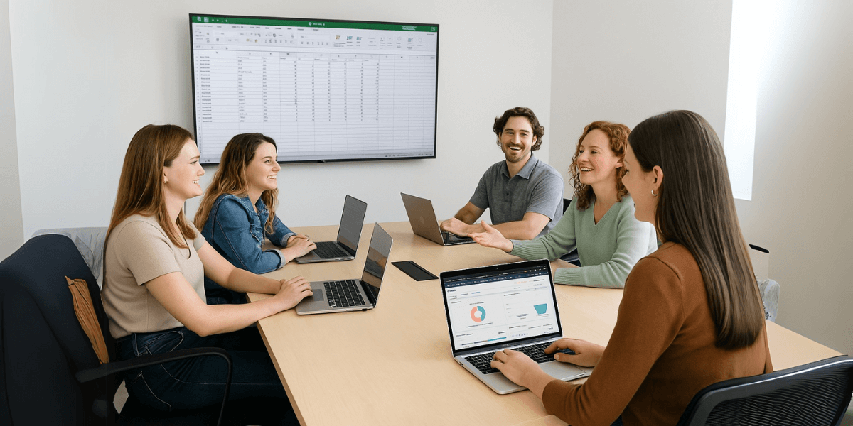 Five casually dressed professionals, four women and one man, sit around a large conference table with laptops open. One laptop displays a HubSpot dashboard, while a TV screen at the front of the room shows an Excel spreadsheet, in discussion about integrating the spreadsheet into HubSpot deal flows.