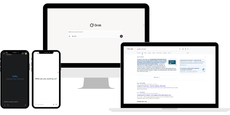 AI tools displayed on multiple devices including Gemini on mobile, ChatGPT on mobile, Grok on desktop, and Google AI Overviews on laptop, showcasing AI search and chatbot platforms.