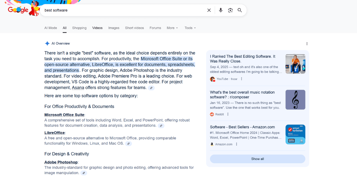 Google AI Overview result for ‘best software’ providing structured recommendations by category, including Microsoft Office, LibreOffice, Adobe Photoshop, and Asana — an example of Answer Engine Optimization (AEO) in action.