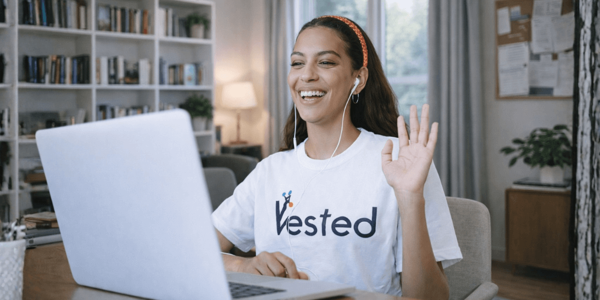 Vested employee conducting a HubSpot Onboarding kick off in her home office on her laptop.