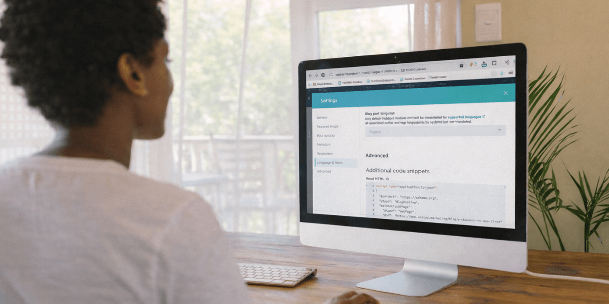 Marketing professional editing JSON-LD schema markup in HubSpot blog settings to improve SEO and lead generation.