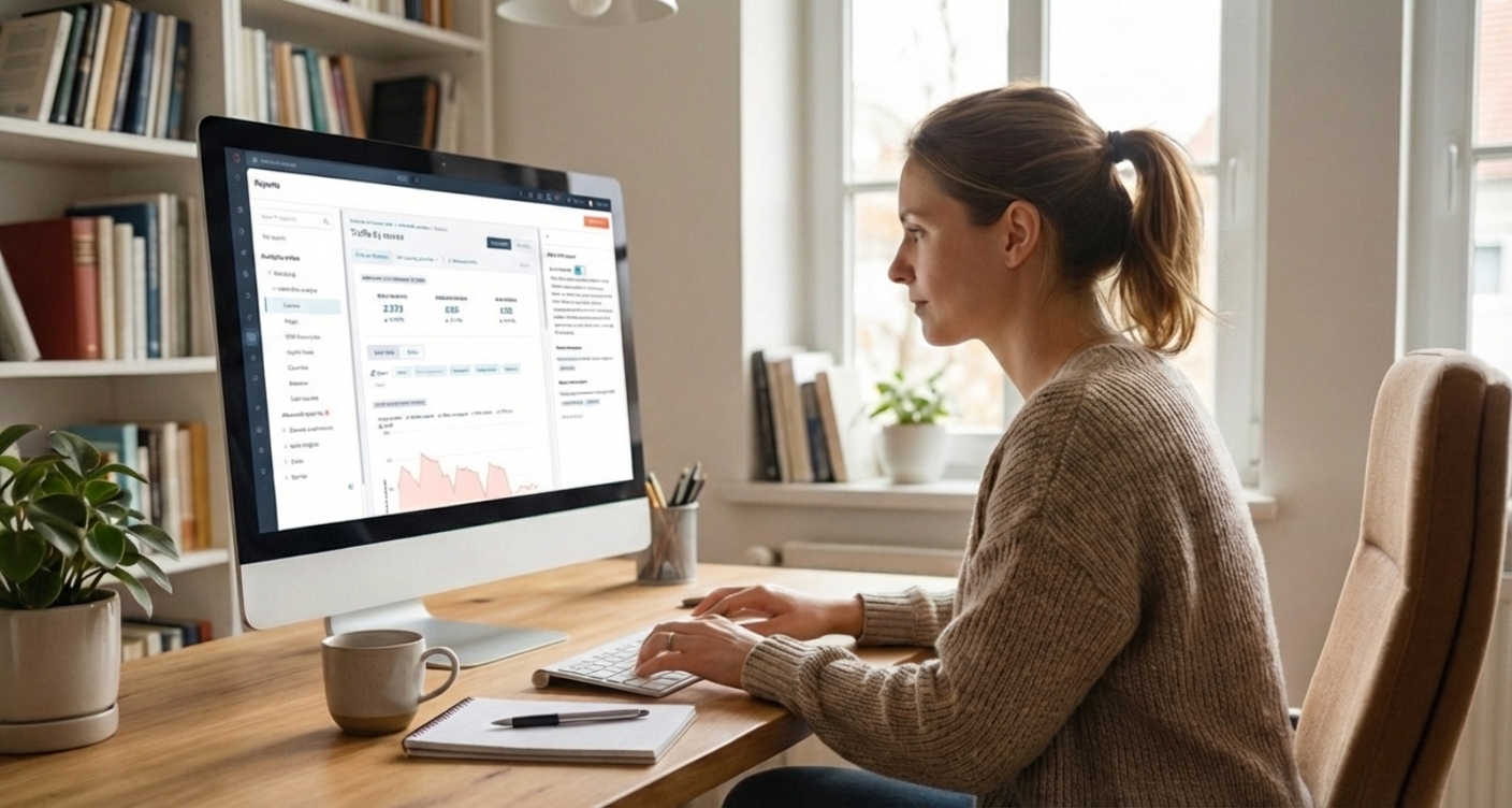 Woman sitting at home office desk looking at HubSpot reporting on her computer screen