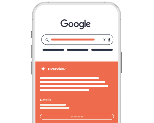 Graphic mockup of AI overview search results on mobile device