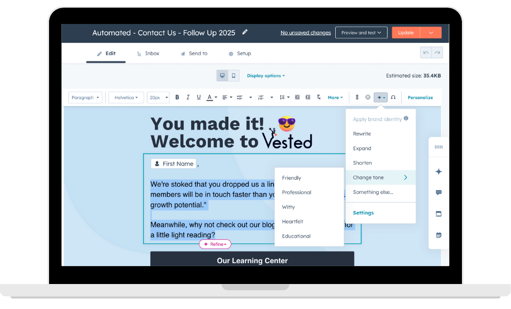 AI email writer tool in HubSpot.