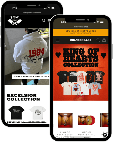 Benny The Butcher & Brandon Lake Shopify ecommerce stores in two mobile iphone frames