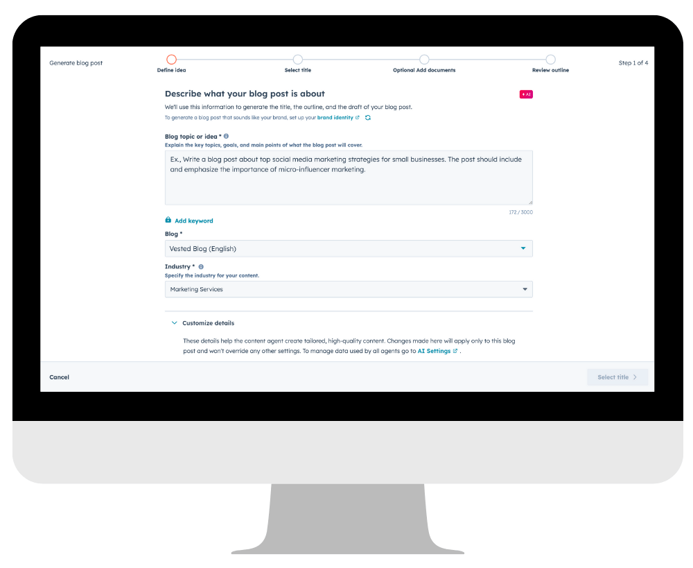 Content assistant AI tool in HubSpot.