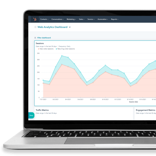 A laptop graphic with a blue and red point chart that fluctuates up and down.