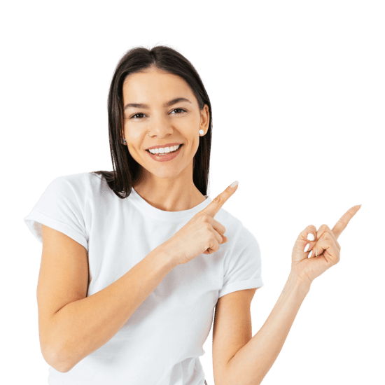 A brunette girl in a white t-shirt pointing with both hands to the right.