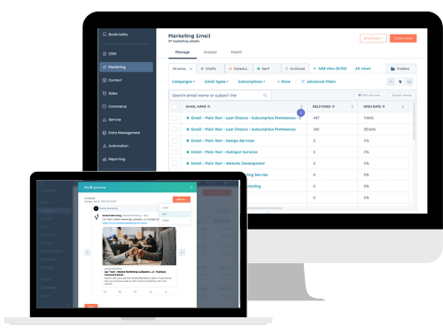 Screenshots of the marketing features in HubSpot on a desktop monitor and laptop.