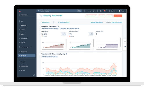 A screenshot of HubSpot's dashboard for analytics on a laptop.
