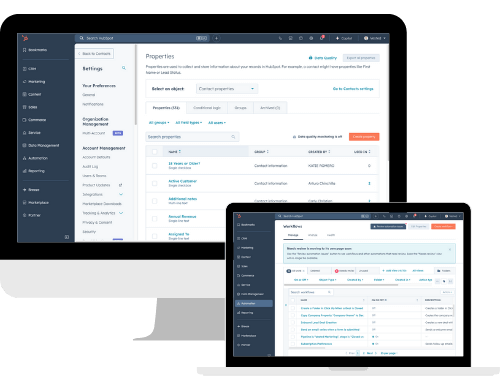 Screenshots of inside HubSpot's settings on both a desktop monitor and a laptop.