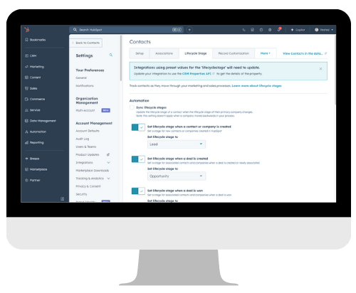 A screenshot of HubSpot's contacts settings on a desktop monitor.