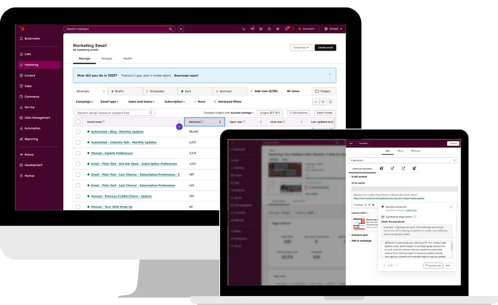 Screenshots of HubSpot Email in desktop frame and Social Media in laptop frame