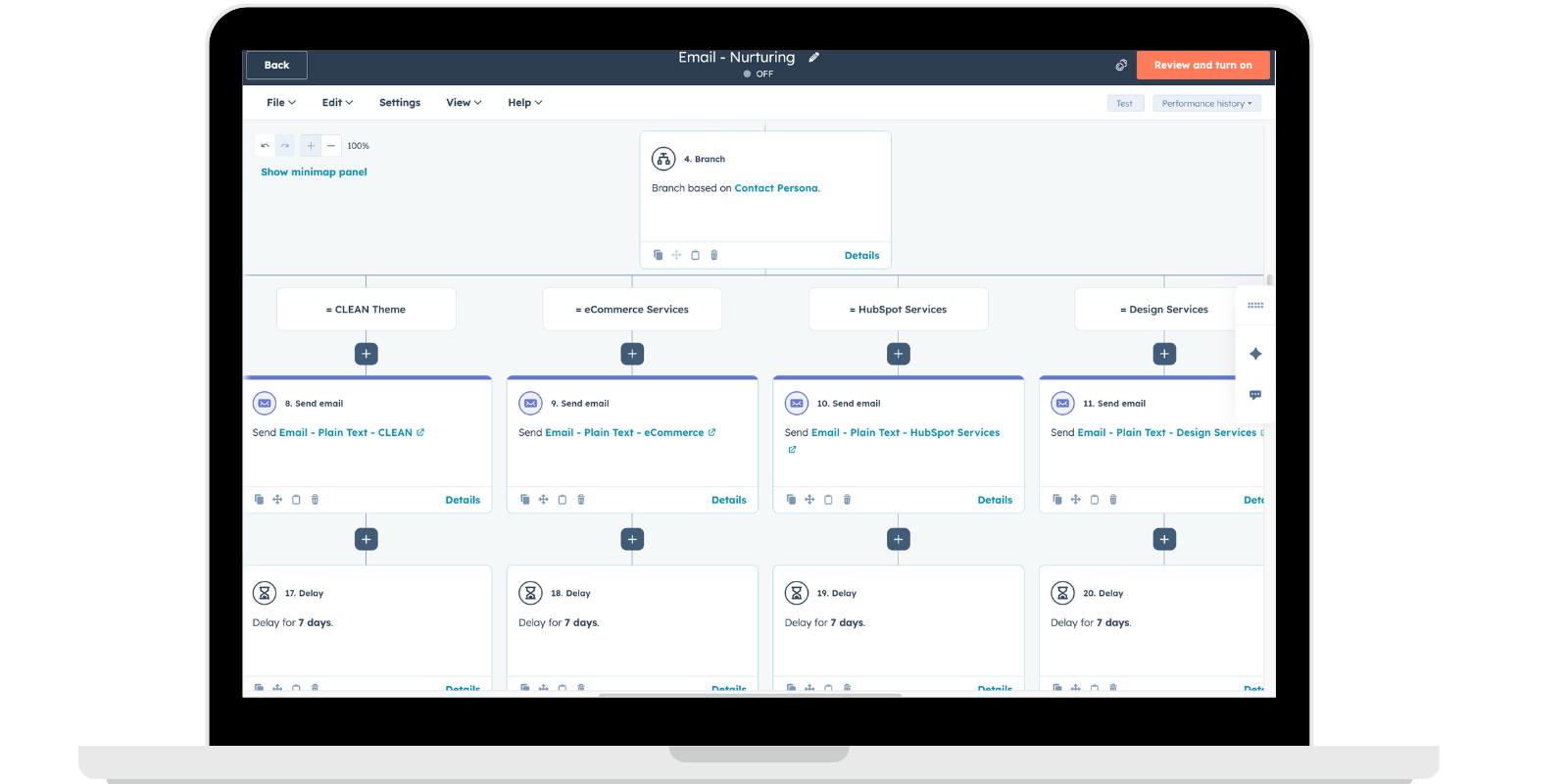 Laptop screen showing a customized email nurture workflow in HubSpot