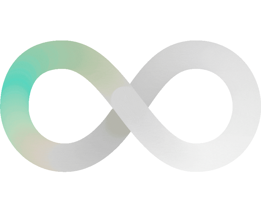 a stylized infinity symbol (∞) with a gradient color transition from a teal color on the left side to a white color on the right side, set against a white background.