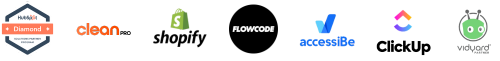 Vested's partners (logo): HubSpot, CLEAN, Shopify, Flowcode, accessiBe, ClickUp, Vidyard