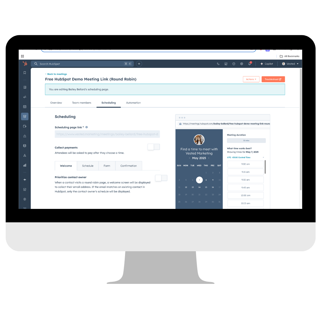 A computer screen showing HubSpot's tool for meeting scheduling.