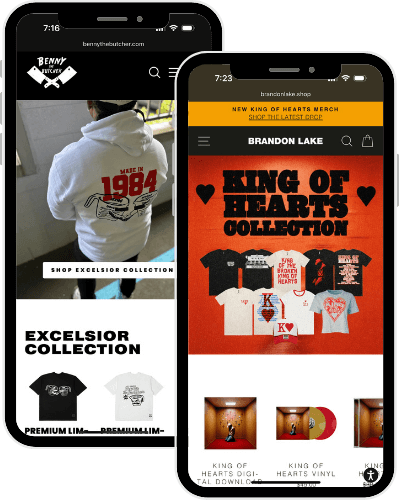 Two phones open to two Shopify stores.