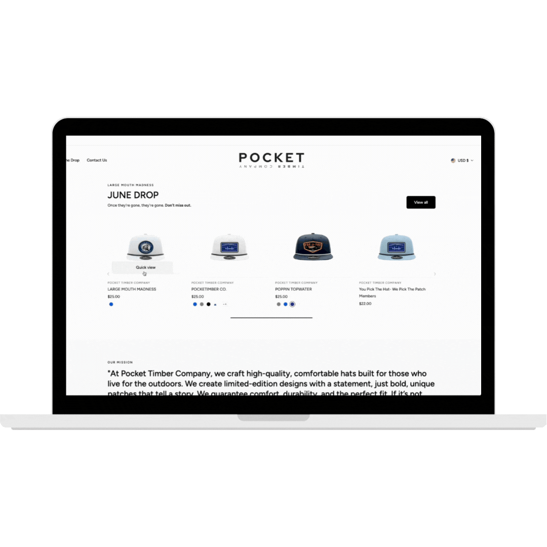 A laptop opened to the Pocket Timber eCommerce website.