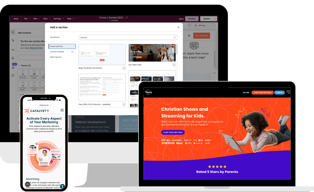 HubSpot CMS website editor, Yippee.tv website and Catalyst IQ website