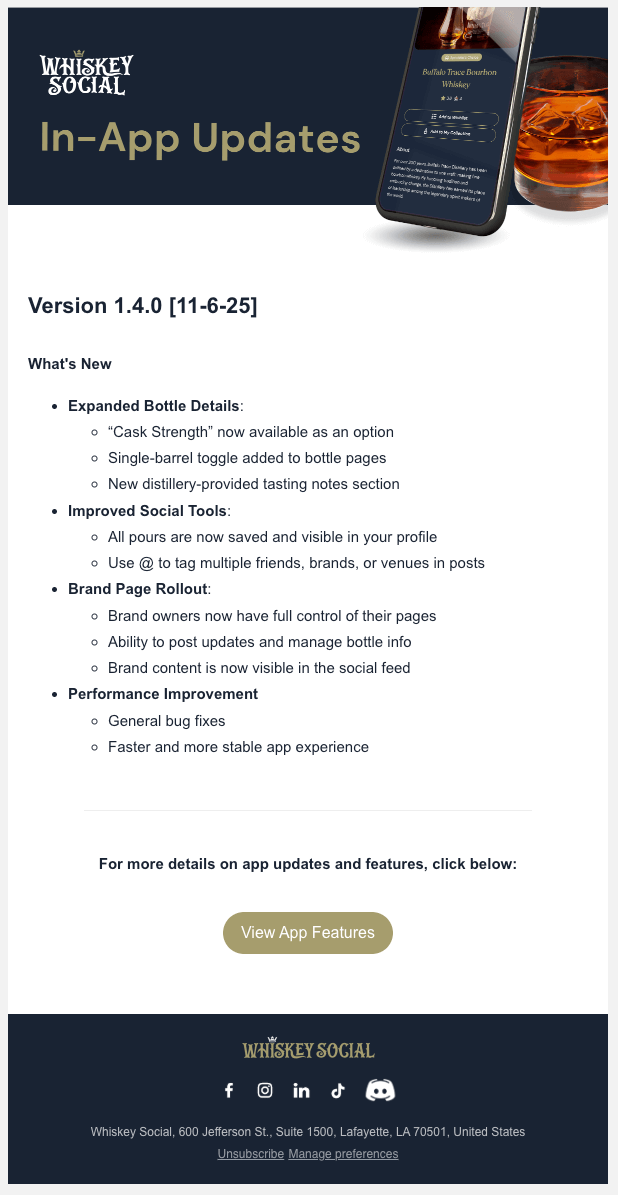 Whiskey Social App Updates Email Blast
