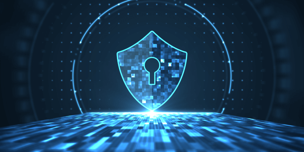 blue shield with a keyhole icon on an abstract big data digital center.