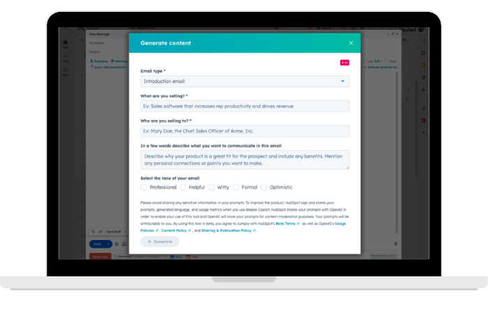 A computer screen showing HubSpots AI tool helping create a sales email (1)