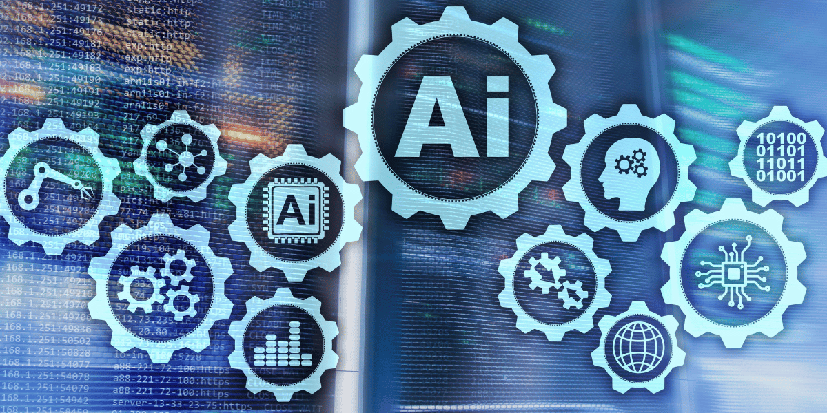 Image of gears with different types of AI icons inside representing AI in SEO