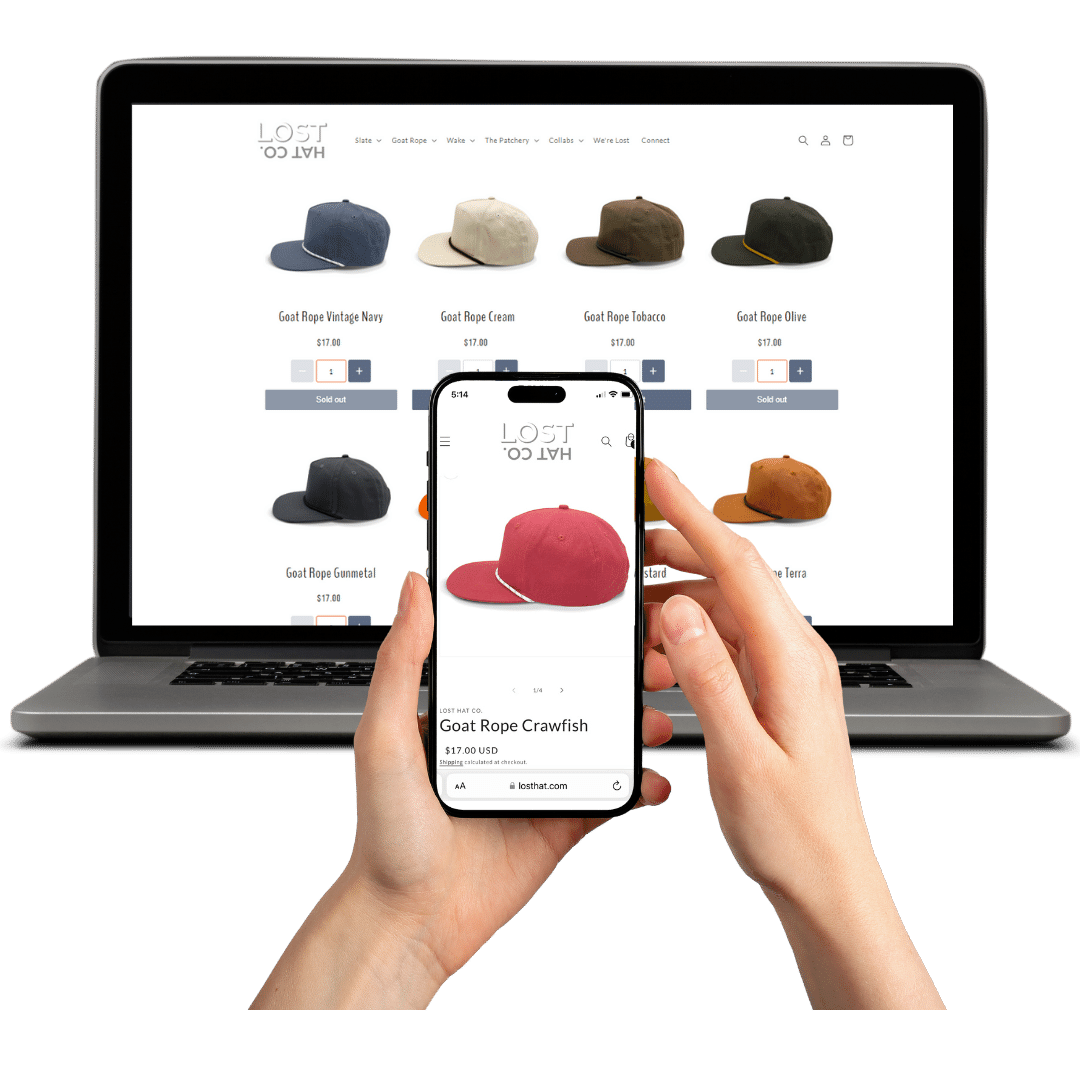 Screenshots of Lost Hat ecommerce site on both laptop and mobile