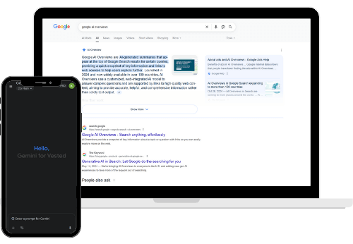 AI search engine screenshots on a laptop and cell phone.