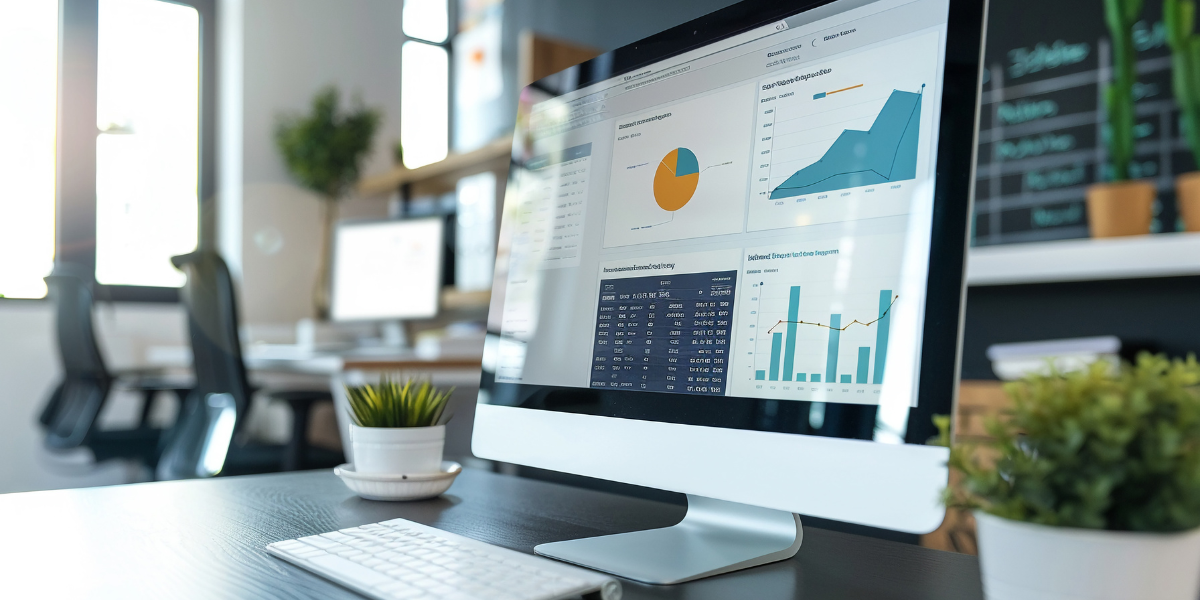 computer monitor with a dashboard of data charts and tables