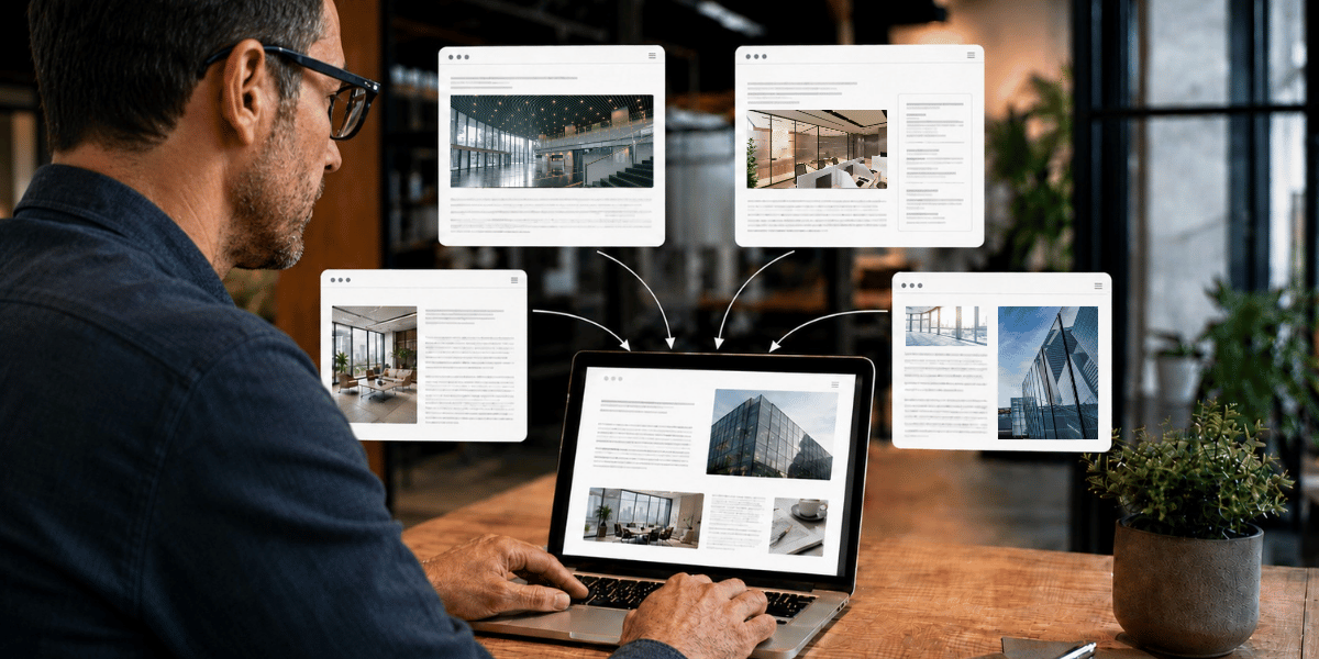 Marketing professional viewing a website as multiple external webpages link back to it, illustrating the importance of backlinks for SEO.
