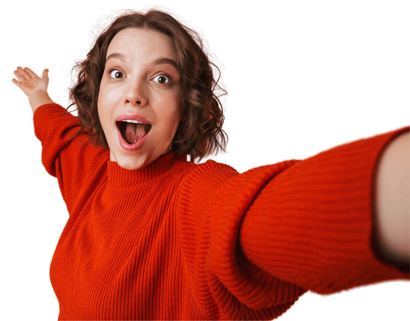 Young woman with a red sweater with her arms in the air