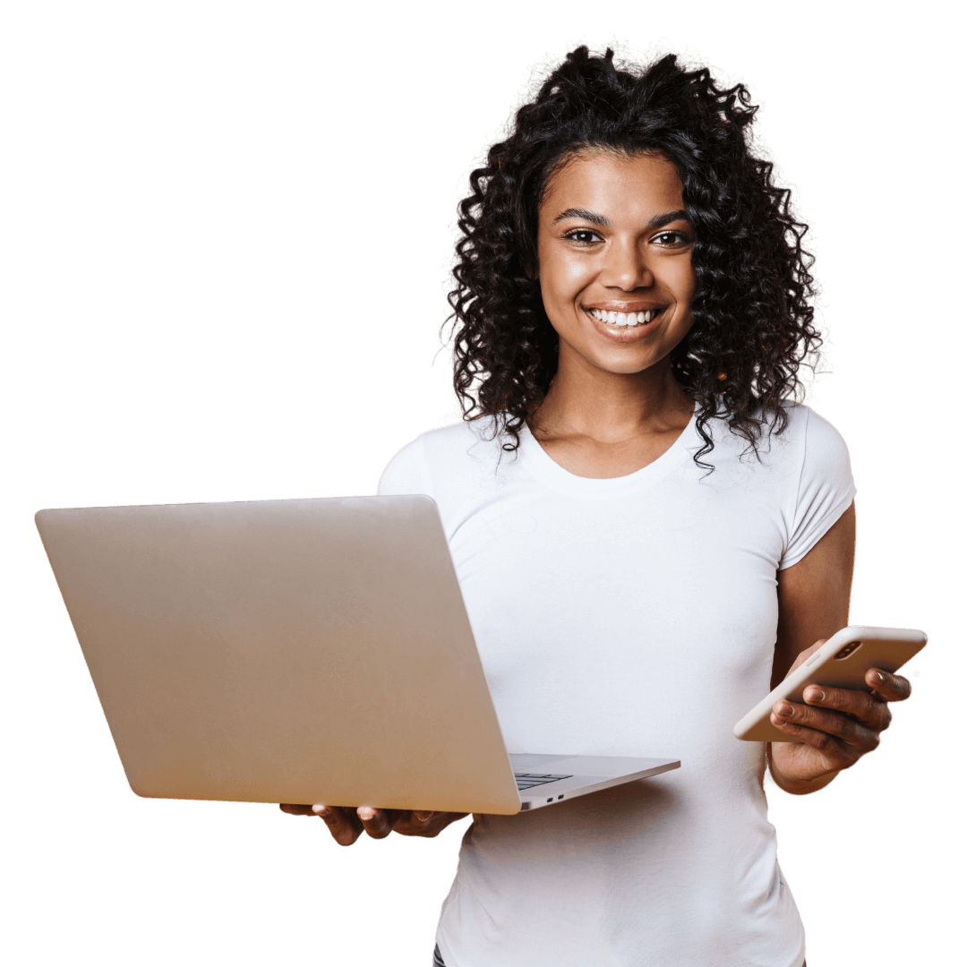 A woman in a white shirt holding both her laptop and cell phone.