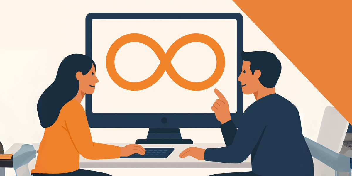 marketers sitting at a desk discussing a computer screen displaying an orange infinity loop, symbolizing continuous marketing, SEO, and AEO optimization cycles for sustainable business growth.