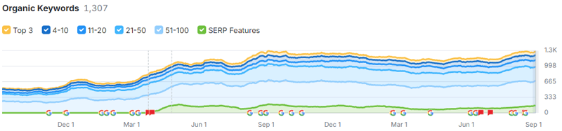 Detailed organic keywords ranking over time