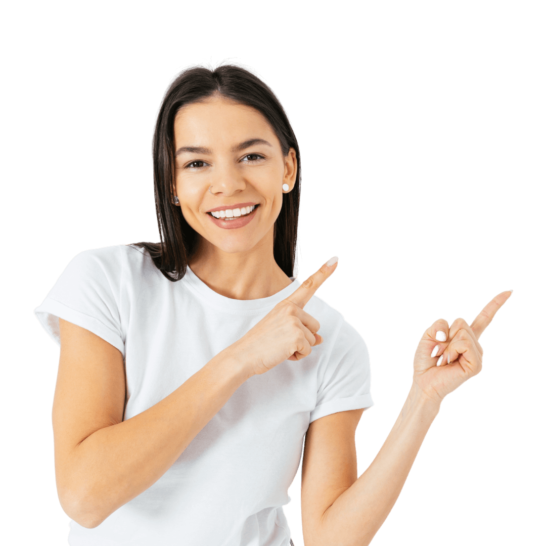 A brunette girl in a white t-shirt pointing with both hands to the right.