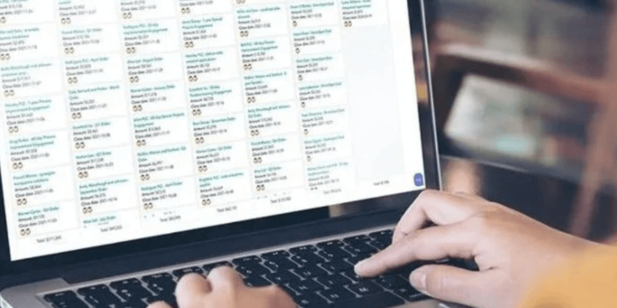 Person reviewing detailed data and reports on a laptop screen, representing a HubSpot portal audit for system efficiency.