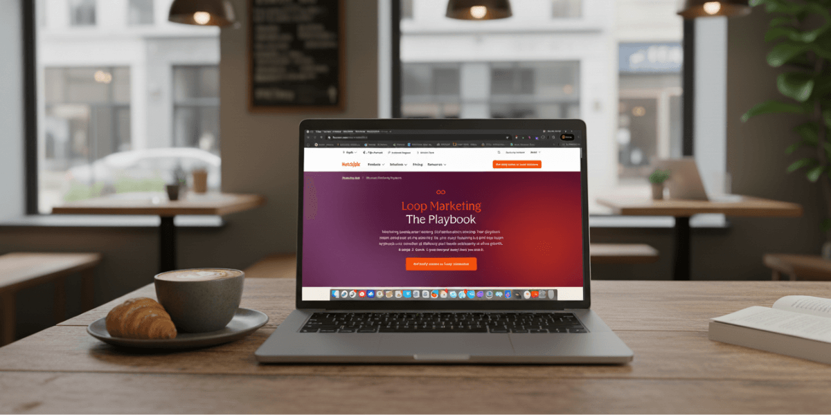 A MacBook pro sitting on a table in a coffee shop in Lafayett, Louisiana, showcasing the webpage for HubSpot's Loop Marketing Playbook. Next to the computer is a croissant and a cup of coffee.