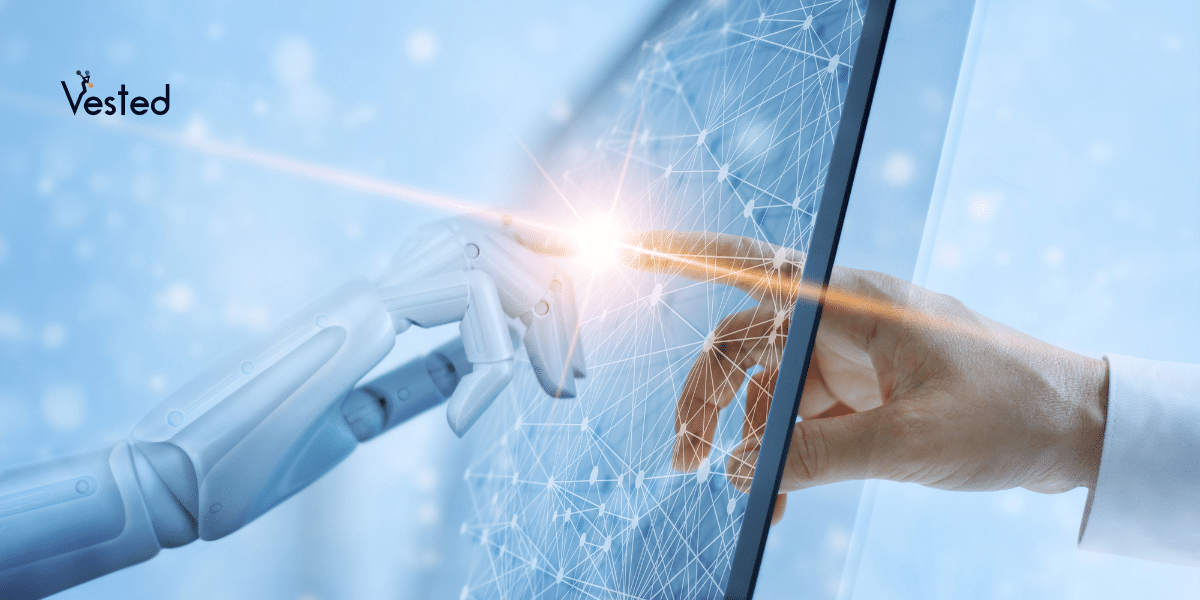 Robot finger and human finger touching a screen to form a bright light | Exploring the Power of AI Content Generators: Chat GPT, Jasper and HubSpot