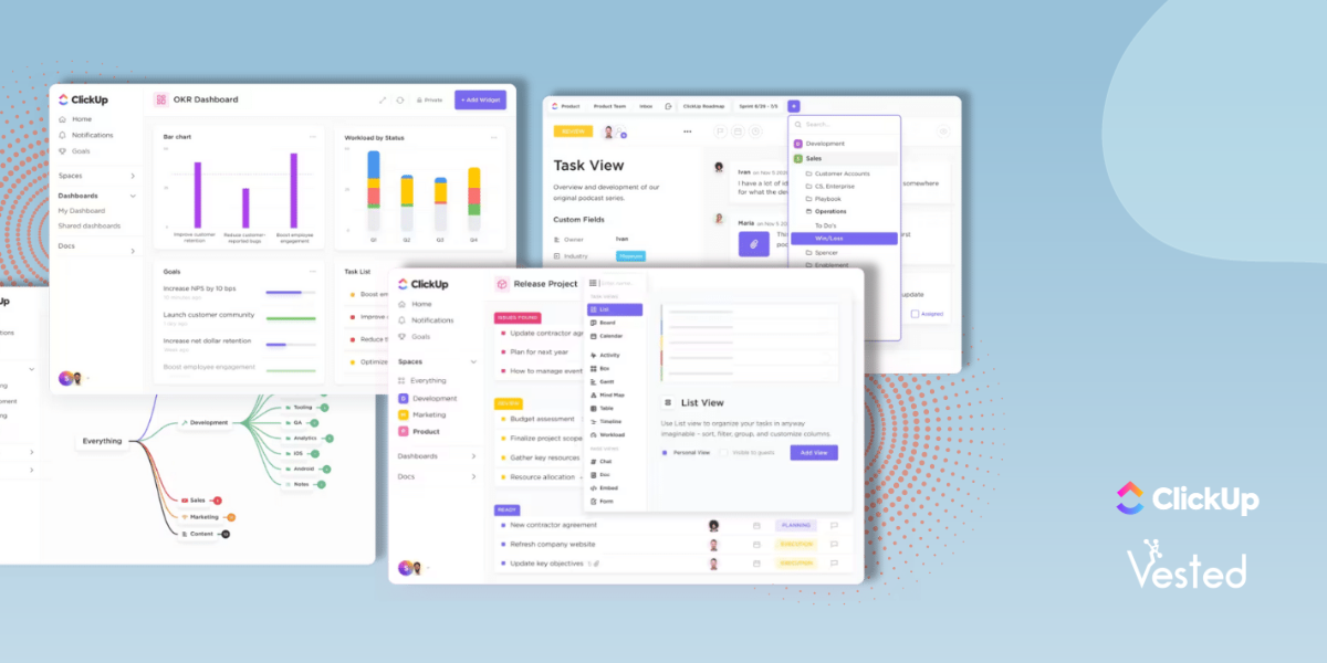 ClickUp project management tool screens from ClickUp Partner Vested Marketing