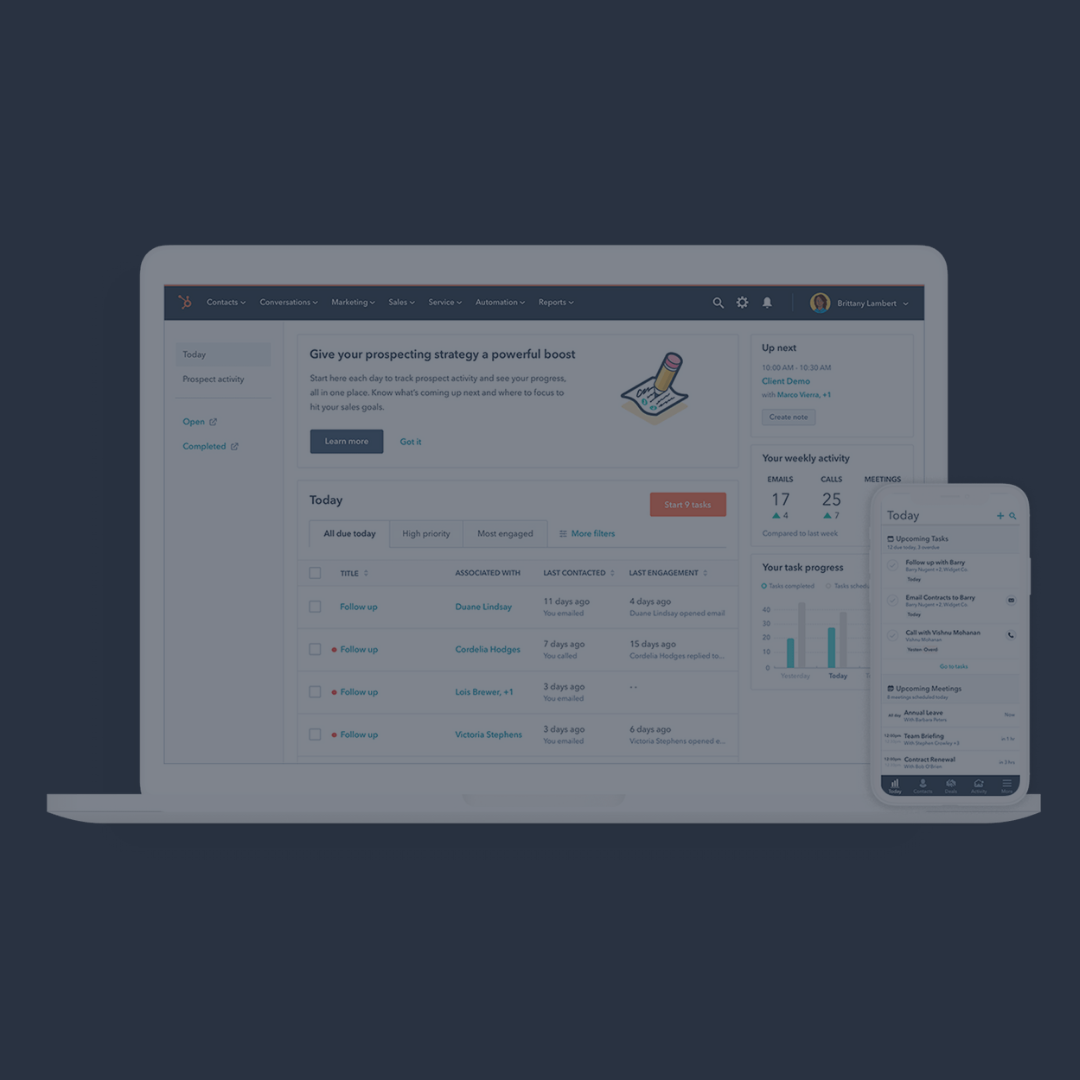 Laptop and mobile icons with HubSpot CRM on screens