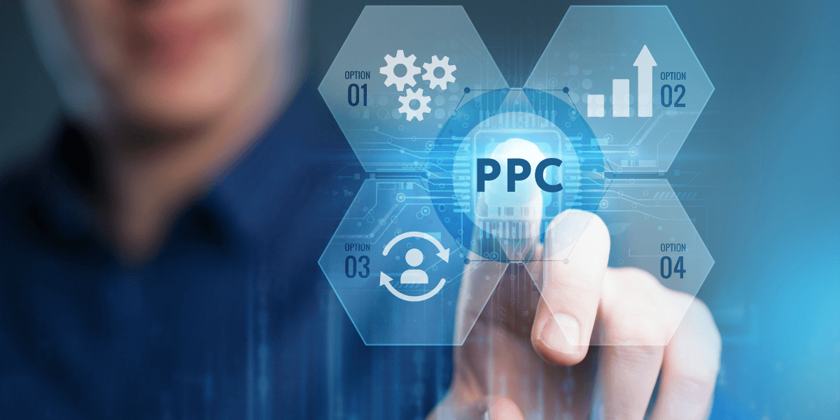 A marketing tech using a virtual screen to click a futuristic icon that says PPC.