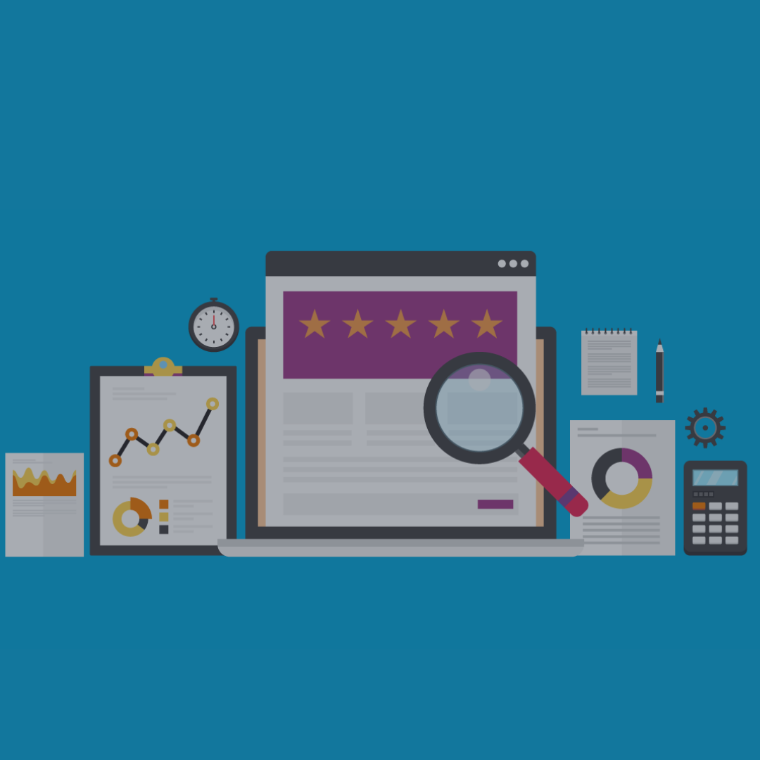Laptop, clipboard, calculator, and graph page icons representing a Website Grader with Vested Marketing